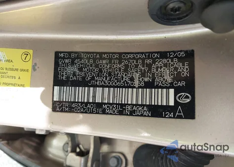 2006 Lexus Es 330 из США, поврежденный, VIN JTHBA30G065170258